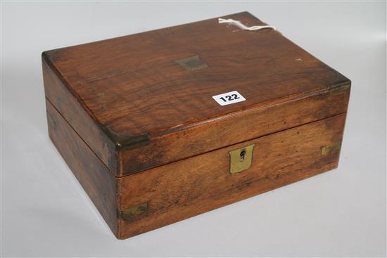 A walnut writing slope, containing a Tunbridge Ware stamp box and sundries, 30cm